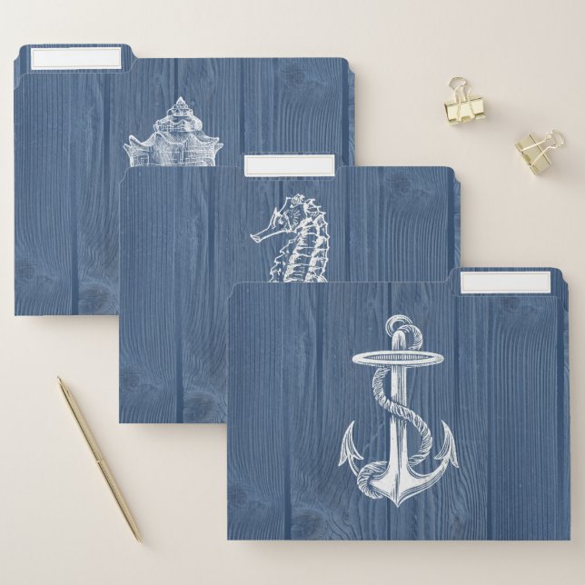 Beach Sea Wood Blue Rustic File Folders (Set)