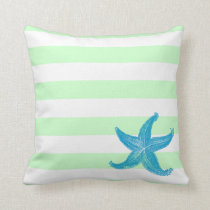 Beach Seafoam Green and White Striped Starfish Throw Pillow