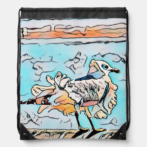 Beach Seagull Cute Cartoon Art  Drawstring Bag