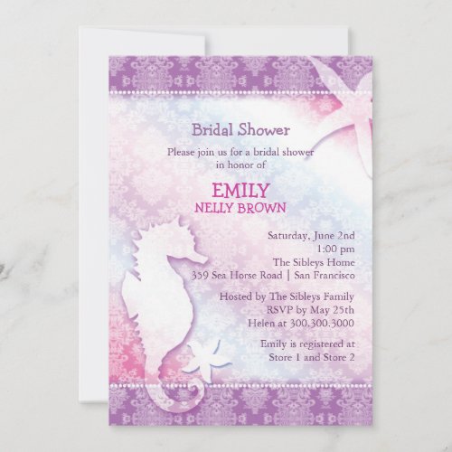 Purple Damask Sea Horse Beach Bridal Shower Invite