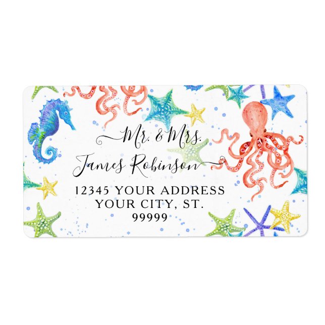 Beach Seahorse Red Octopus Starfish Baby Shower Label (Front)