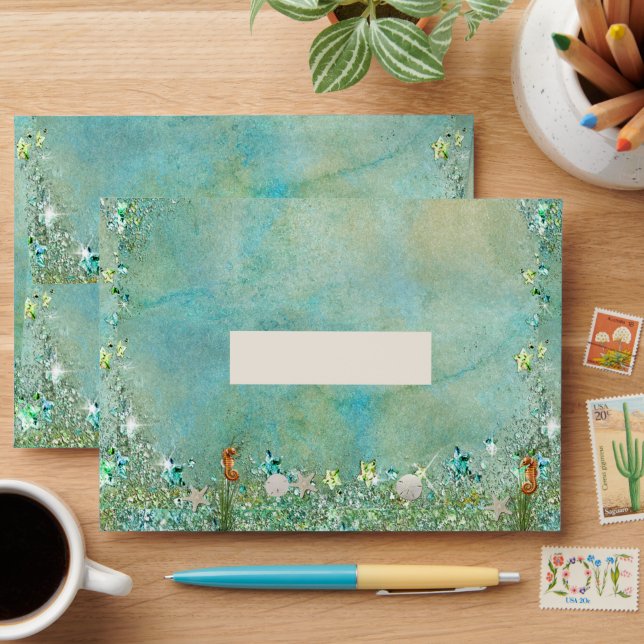 Beach Seahorse Starfish Turquoise Sparkle Envelope (Desk)
