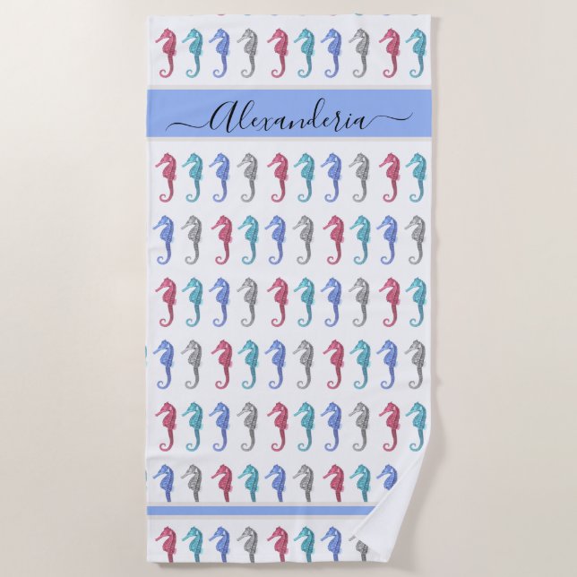   Beach Seahorse Tropical pink gray blue teal  Beach Towel (Front)