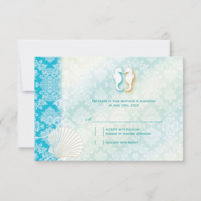 Beach Seahorse Turquoise Wedding RSVP Card (Front)