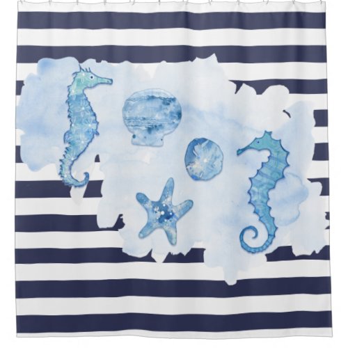 Beach Seahorse Watercolor Starfish Navy Blue White Shower Curtain