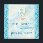 Beach Seahorse Wedding Save the Date Magnet<br><div class="desc">Whimsical and cute sea horse couple, starfish, ocean waves with an elegant damask pattern in aqua, turquoise, blue shades designed on custom Wedding Save the Date Invitation Magnets. Lovely sea creatures and a flamboyant damask pattern in the background have the perfect feel for your CHIC OCEANFRONT WEDDING | FESTIVE LUAU...</div>