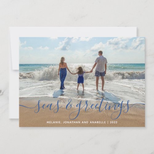 Beach Seas and Greetings Handwritten Script Blue Holiday Card