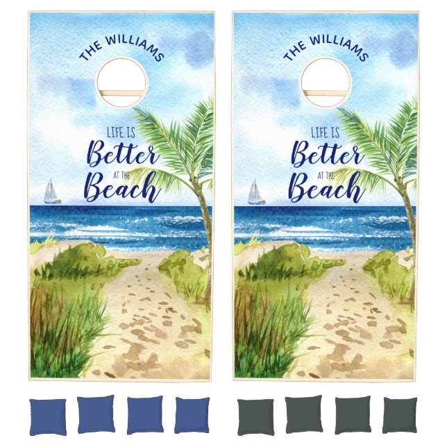 Beach Seascape Life is Better at the Beach Name Cornhole Set (Set)
