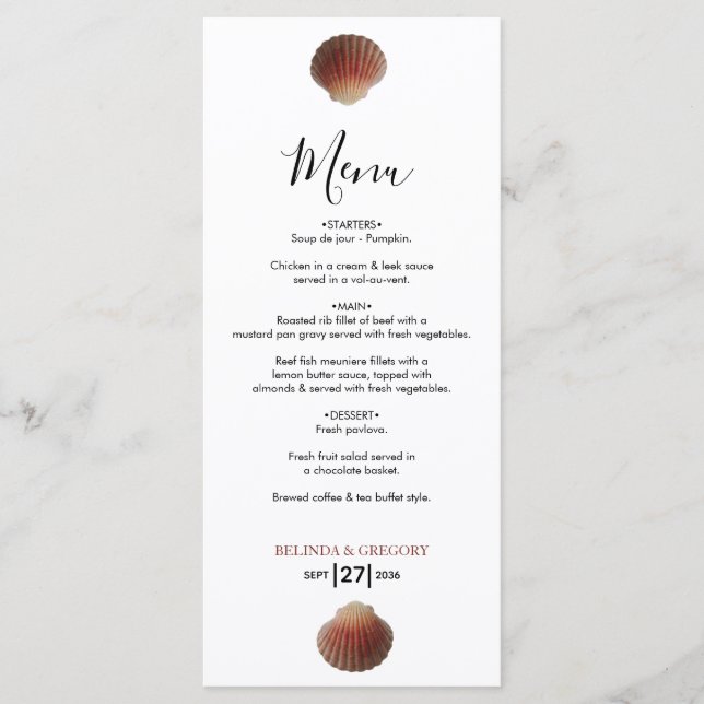 Beach Seashell Clams Wedding Menu (Front)