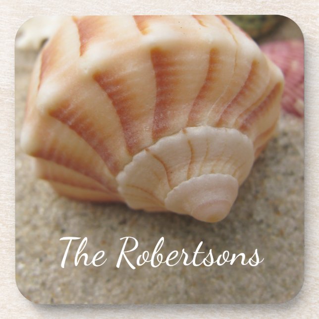 Beach Seashell Coastal Family Name Beverage Coaster (Front)