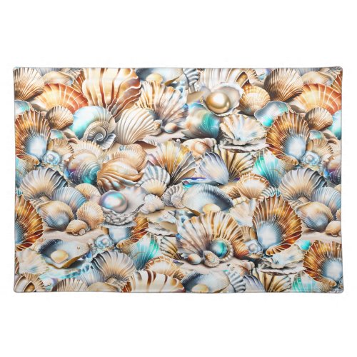 Beach seashell collage clam oyster scallop shells cloth placemat