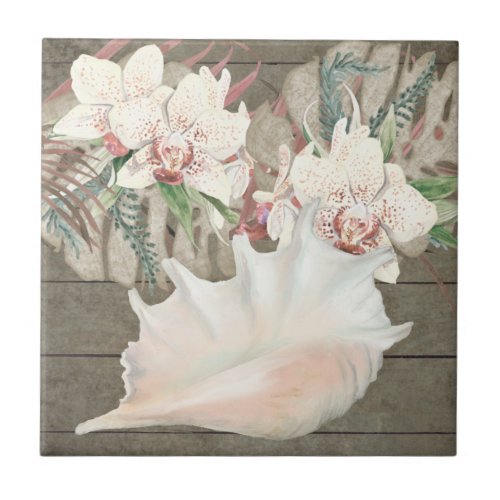 Beach Seashell Conch Tropical Orchid Floral Wooden Ceramic Tile
