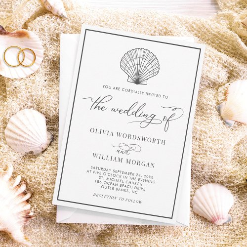 Beach Seashell Elegant Dark Gray Wedding Invitation