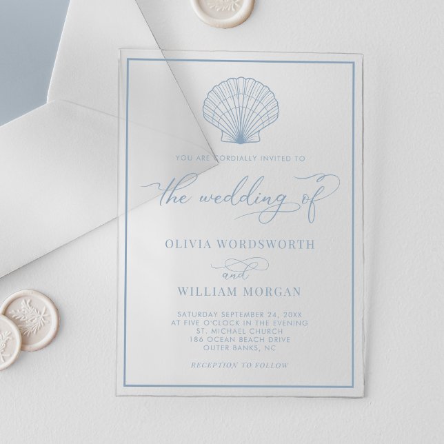 Beach Seashell Elegant Dusty Blue Wedding Acrylic Invitations (Creator Uploaded)