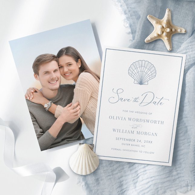 Beach Seashell Elegant Dusty Blue Wedding Save The Date (Creator Uploaded)