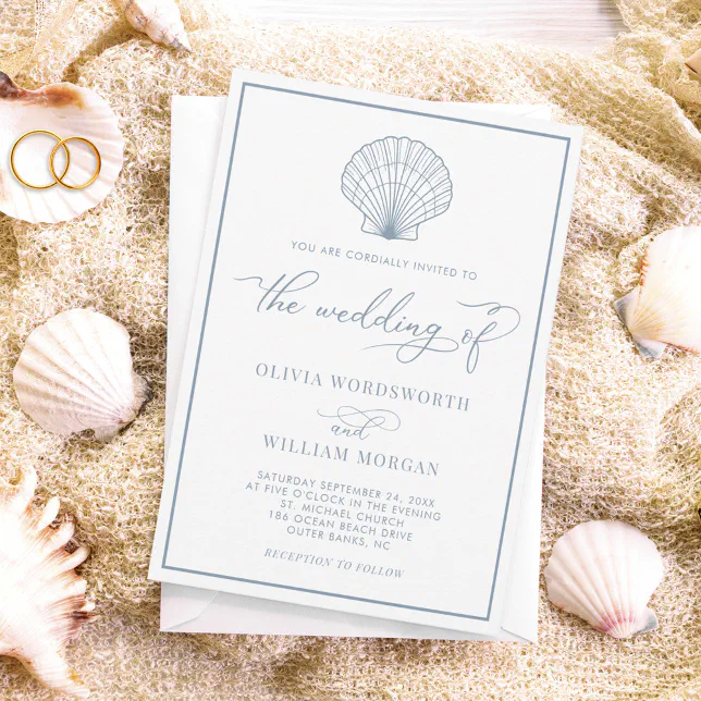 Beach Seashell Elegant White Dusty Blue Wedding Invitation | Zazzle
