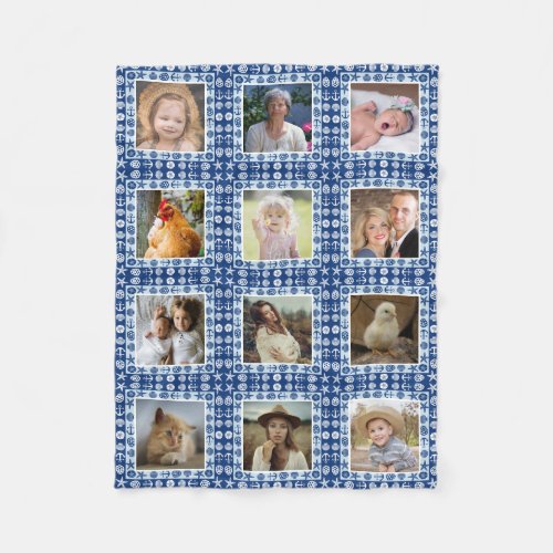 Beach Seashell Faux Quilted Nautical Photo Collage Fleece Blanket