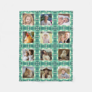 Beach Seashell Faux Quilted Teal Photo Collage Fleece Blanket