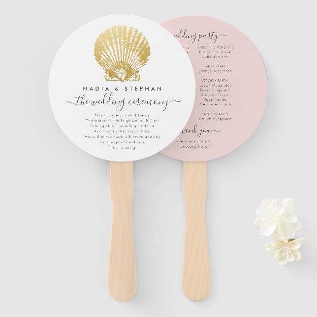 Beach Seashell Gold + Pink Wedding Program Fan (Front and Back)