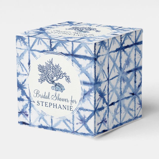 Beach Seashell Modern Blue and White Bridal Shower Favor Boxes (Front Side)