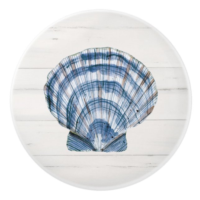 Beach Seashell Modern Navy Blue White Barn Wood Ceramic Knob (Front)