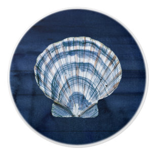 Beach Seashell Modern Navy Blue White Rustic Wood Ceramic Knob