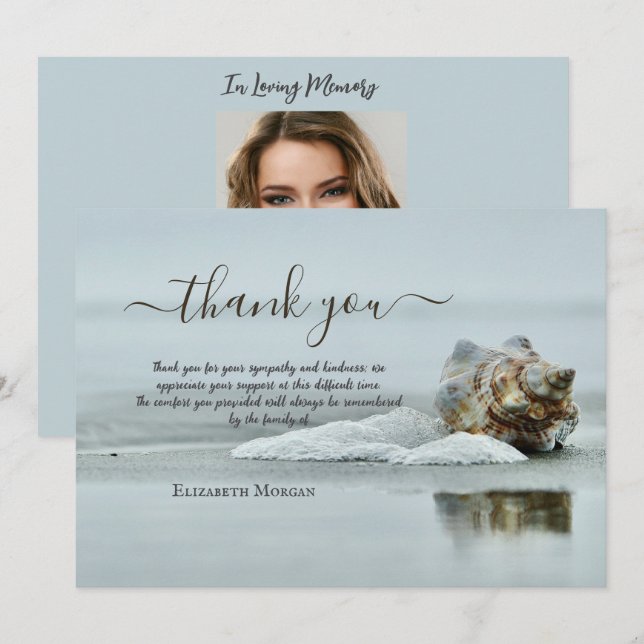 Beach Seashell Photo Celebration Of Life  Thank You Card (Front/Back)