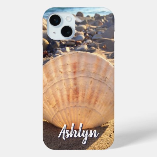 Beach Seashell Photo Custom Name Script Bold iPhone 15 Plus Case