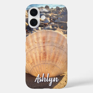 Beach Seashell Photo Custom Name Script Modern iPhone 16 Case