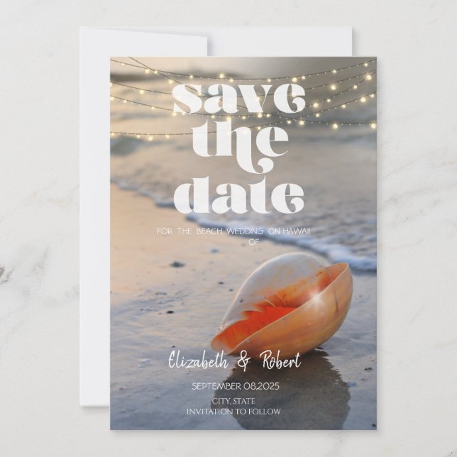 Beach Seashell String Lights Save The Date (Front)