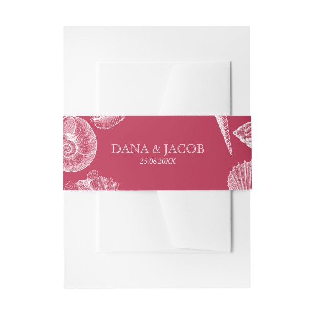 Beach Seashell Viva Magenta Custom Name Wedding  Invitation Belly Band (Front Example)