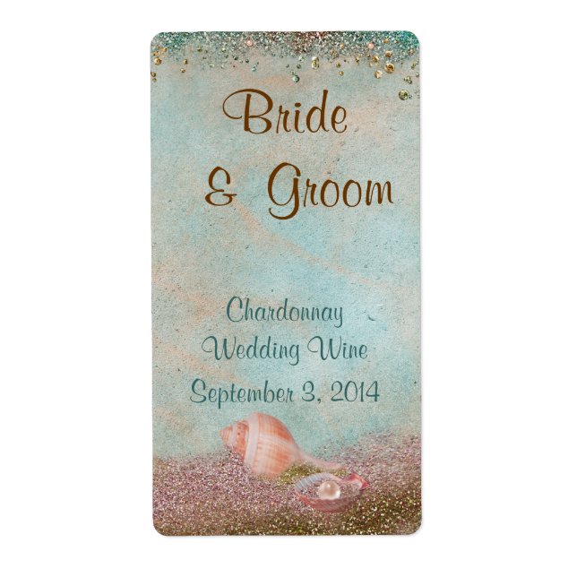Beach Seashells and Glitter Wedding Wine Label (Front)