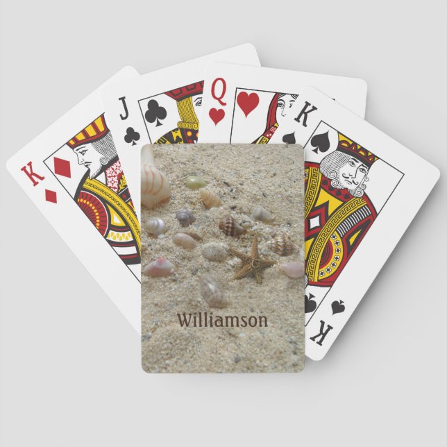 Beach Seashells and Sand Coastal Personalized Poker Cards (Back)