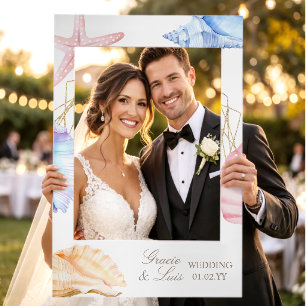 Beach Seashells Blue Pink Gold Wedding Selfie Frame