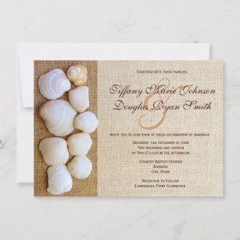 Beach Seashells Burlap Print Wedding Invitations by CustomWeddingSets at Zazzle
