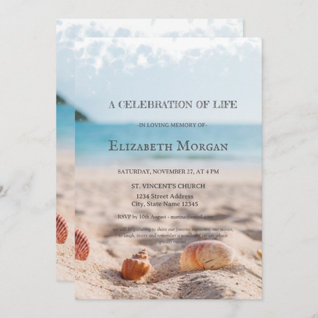Beach Seashells Celebration Of Life Invitation (Front/Back)
