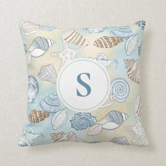 Beach Seashells Coastal Monogram Personalized Throw Pillow