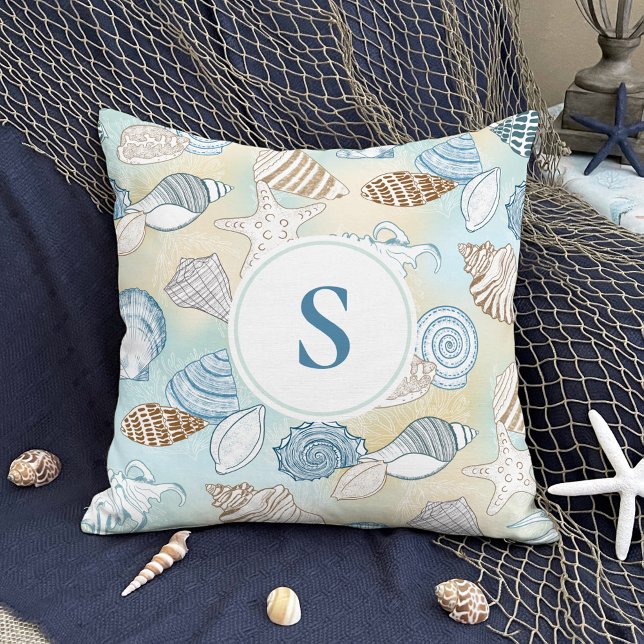 Beach Seashells Coastal Monogram Personalized Throw Pillow (Creator Uploaded)