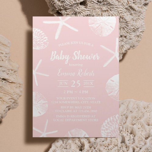 Beach Seashells Elegant Blush Pink Baby Shower Invitation