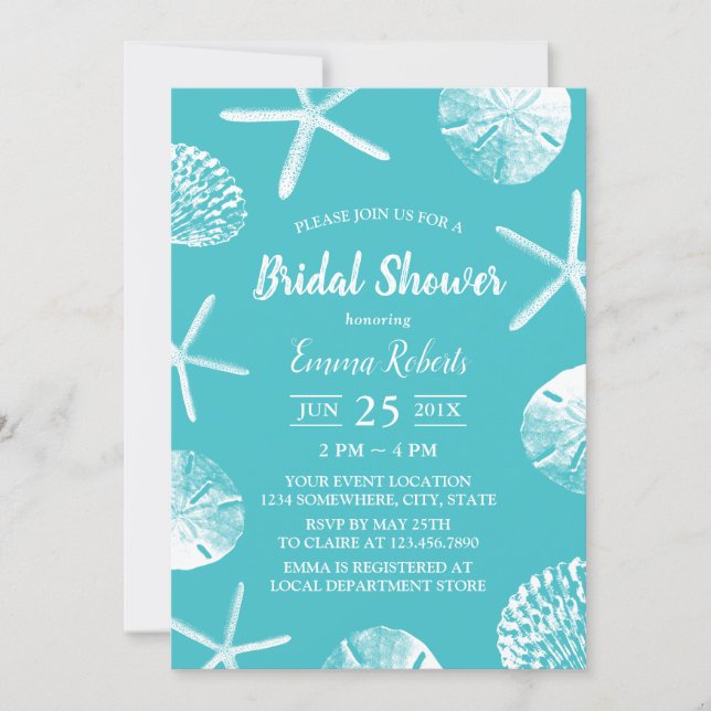 Beach Seashells Elegant Turquoise Bridal Shower Invitation (Front)