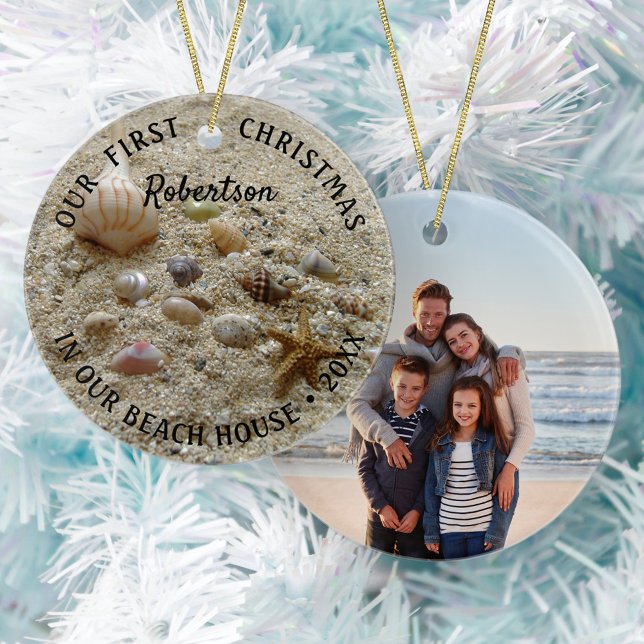 Beach Seashells First Christmas New Home Photo Ceramic Ornament (Creator Uploaded)