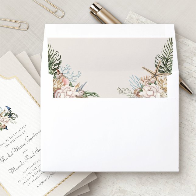 Beach Seashells Floral Wedding Envelope Liner (Creator Uploaded)