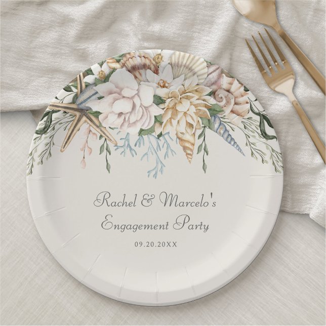 Beach Seashells Floral Wedding Paper Plates (Creator Uploaded)
