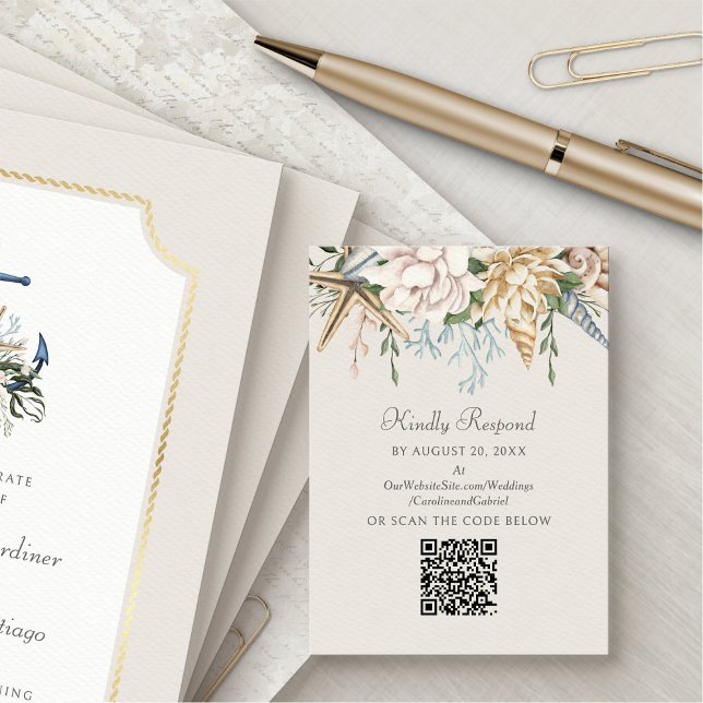 Beach Seashells Floral Wedding RSVP QR Enclosure Card (Creator Uploaded)