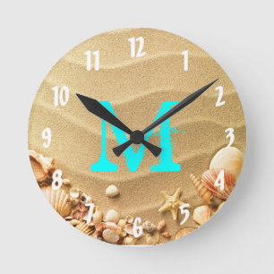 Beach Seashells Hawaii Monogram Initial Wall Clock