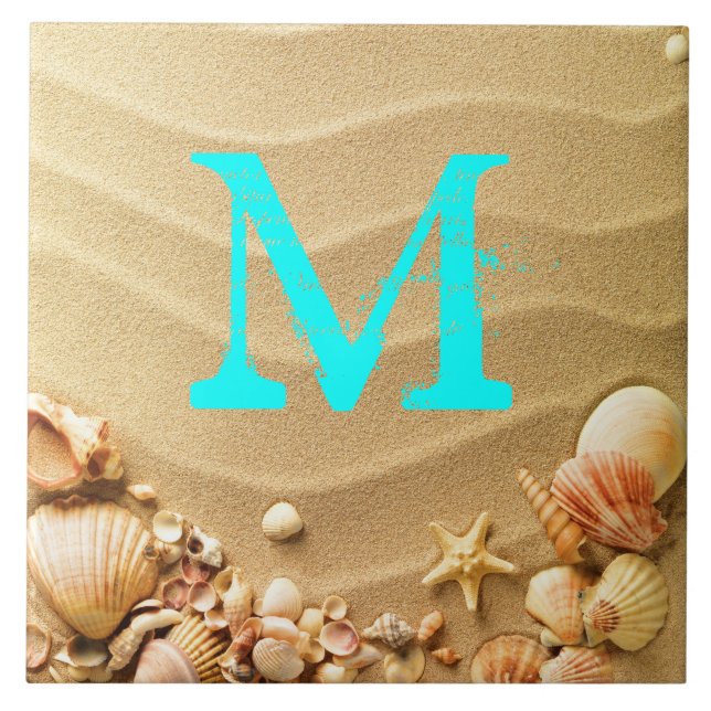 Beach Seashells Hawaii Sand Monogram Display Tile (Front)