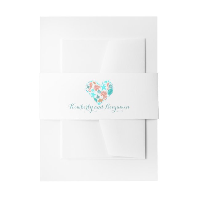 Beach Seashells Heart Modern White Wedding Invitation Belly Band (Front Example)