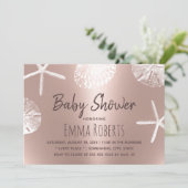 Beach Seashells Modern Blush Rose Gold Baby Shower Invitation (Standing Front)