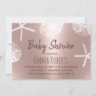 Beach Seashells Modern Blush Rose Gold Baby Shower Invitation