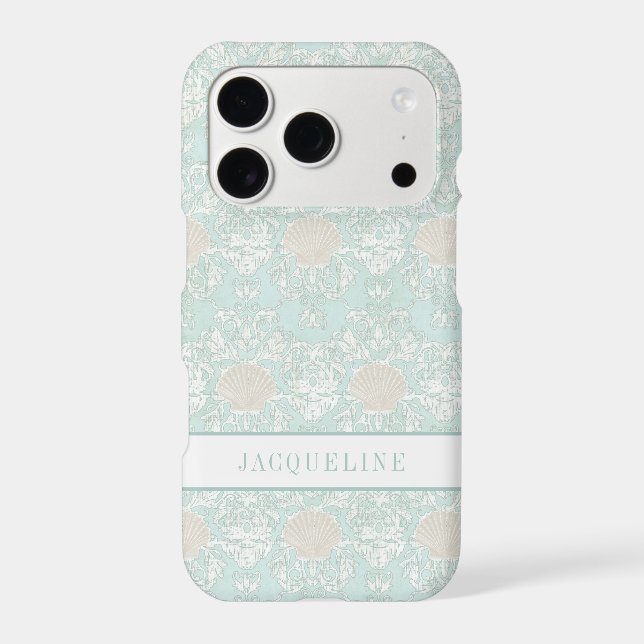 Beach Seashells Nautical Blue White Damask Pattern Iphone Case (Back)